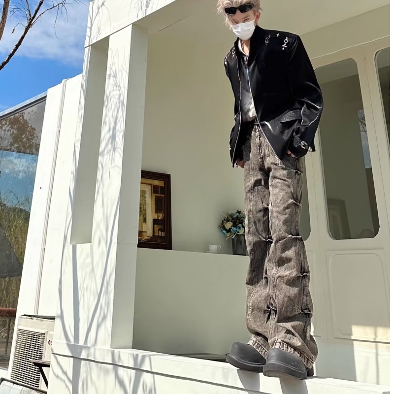 American High Street Vintage Worn-out Earth-tone Washed Pleated Flared Jeans Men's Wide-leg Trendy Long Pants_mkmklike.com