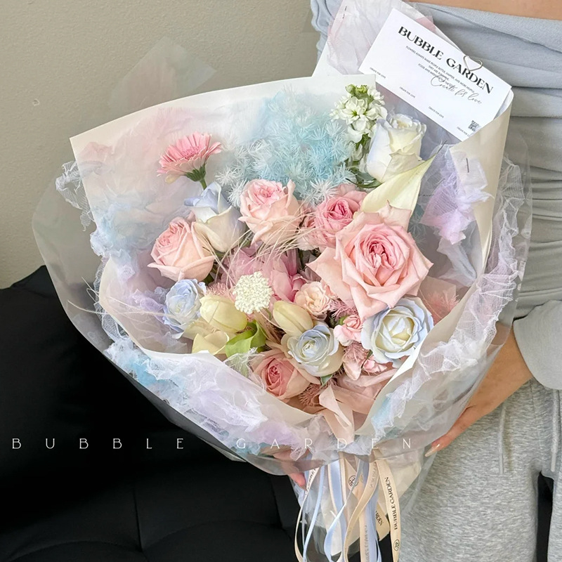 El día de San Valentín de hadas burbuja paquete de flores yarn ins viento floral material de embalaje al por mayor de la diosa buquete de embalaje de malla