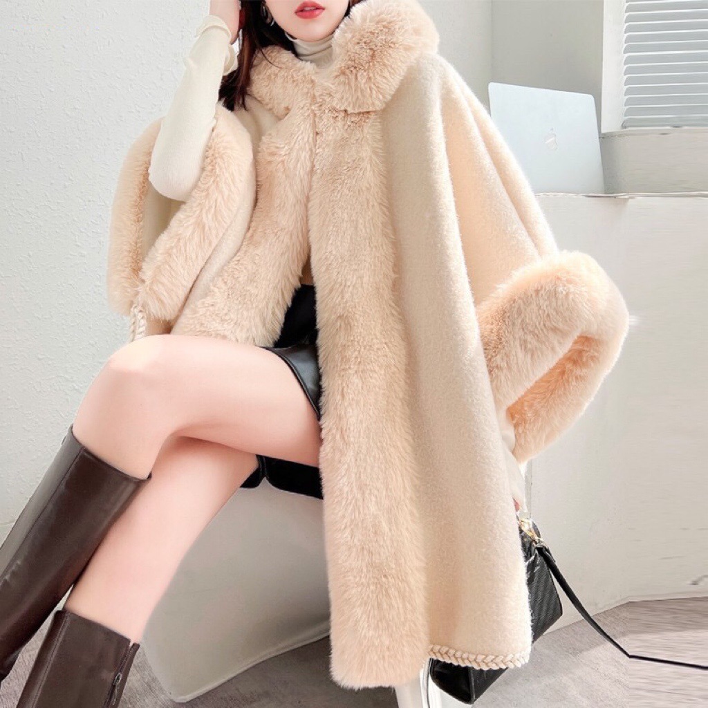 Fur collar cape shawl women's fleece thickened mid-length hooded cardigan plus-size woolen coat_voghion.com