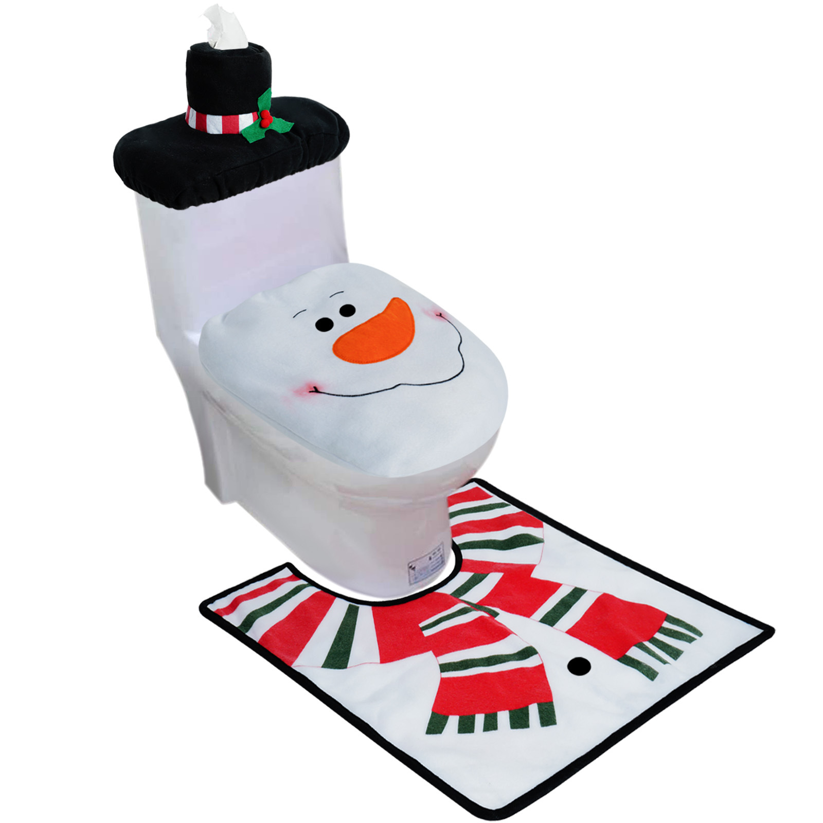 Navidad transfronteriza en stock cubierta de inodoro de Navidad ancianos muñeco de nieve cubierta del inodoro estera del piso cubierta del tanque de agua cubierta del tejido conjunto de tres piezas