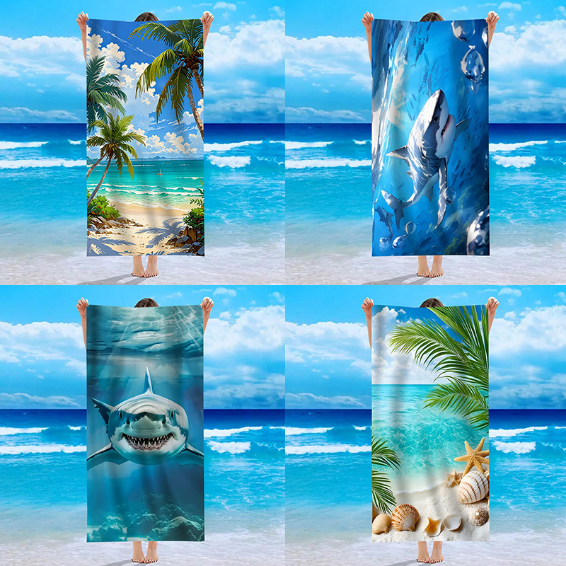 Foreign Trade Single-Sided Velvet Beach Towel Seaside Palm Leaf Beach Bath Towel Sea Shark Pattern Towel Bath Towel Summer Foreign Trade Single-Sided Velvet Beach Towel Seaside Palm Leaf Beach Bath Towel Sea Shark Pattern Towel Bath Towel Summer