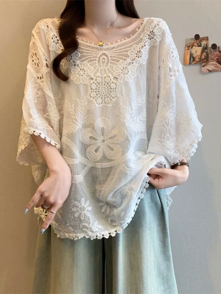 Богемная футболка с коротким рукавом для женщин 2025 лето плюс размер для полных мм ленивый стиль верхняя тонкая блузка с рукавом летучая мышь