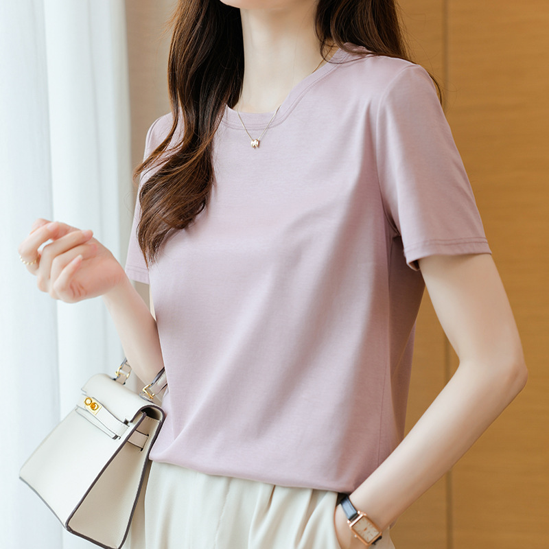 コットン Tシャツ レディース 半袖 2025 新しいハイエンド ルーズ ラウンドネック トップ Tシャツ 小さめシャツ 夏|undefined