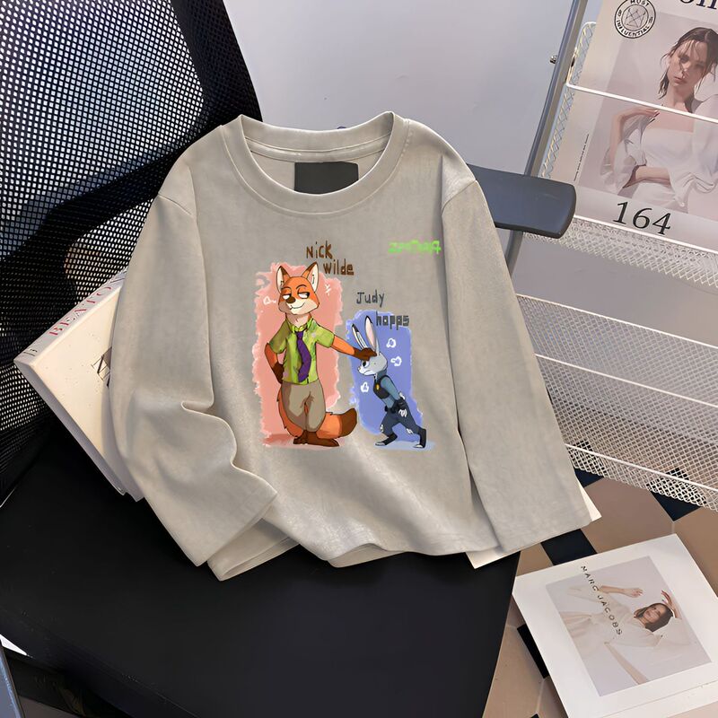Zootopia Long-Sleeved T-Shirt for Girls Autumn and Winter Disney Judy Nick Cartoon Warm Tie-Dye Base Layer Top
