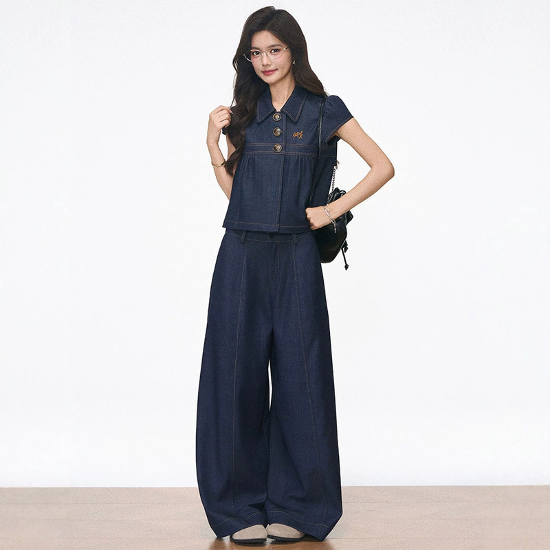 [5.10 New Product] Westayone Faux Denim Shirt Top Set + Faux Denim Straight-Leg Casual Wide-Leg Pants