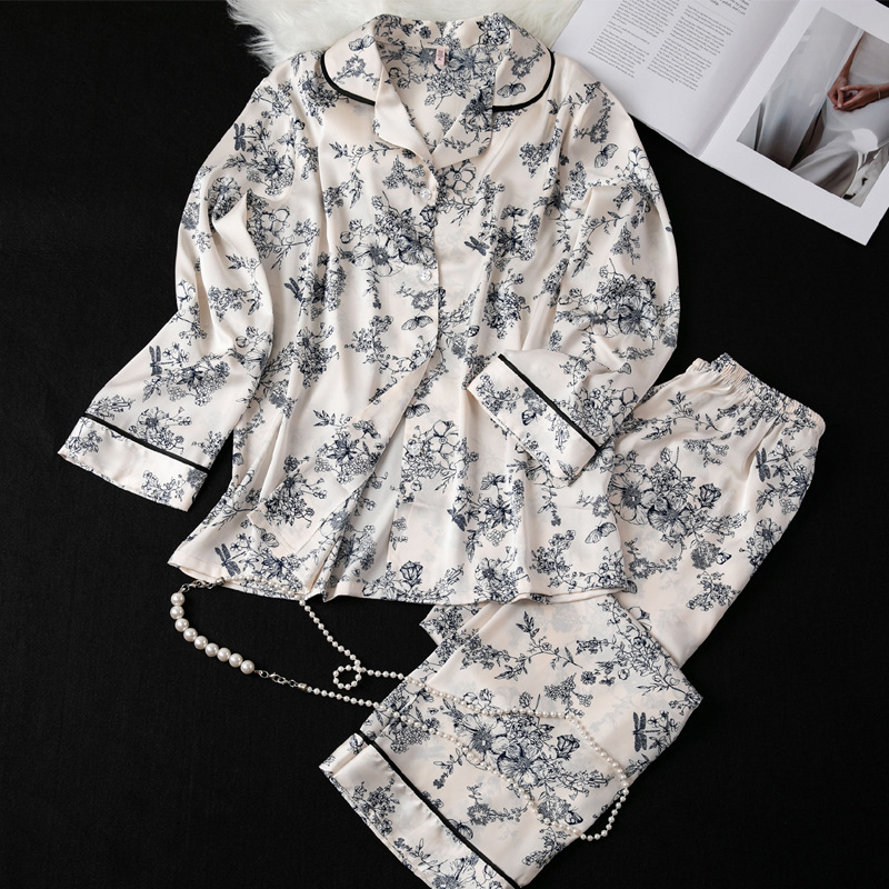 네이비 블루 플로럴-긴소매 및 바지