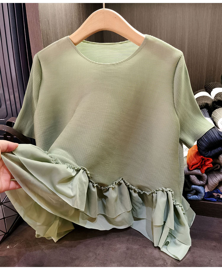 Áo thun nữ tay ngắn xếp ly viền bèo cổ tròn trơn màu — Màu đen, Màu xanh lục nhạt, Màu hồng, Màu xám chi tiết 23
