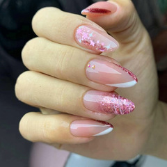 Eurasian fashion two-tone glitter French manicure white star cute pastel diamond style false nails wearing nails finished product