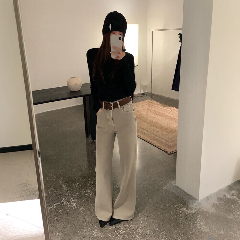 Dimo8608 High-Waisted Four-Way Stretch Denim Flared Long Pants for Women, Spring Style, Korean Version, Loose Fit, Non-Tight Leg Flared Pants