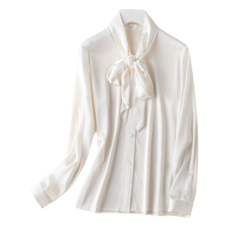 Camisa de seda de morera de peso pesado para mujer, primavera y otoño, nueva camisa de seda de manga larga con cuello en V y lazo para mujer