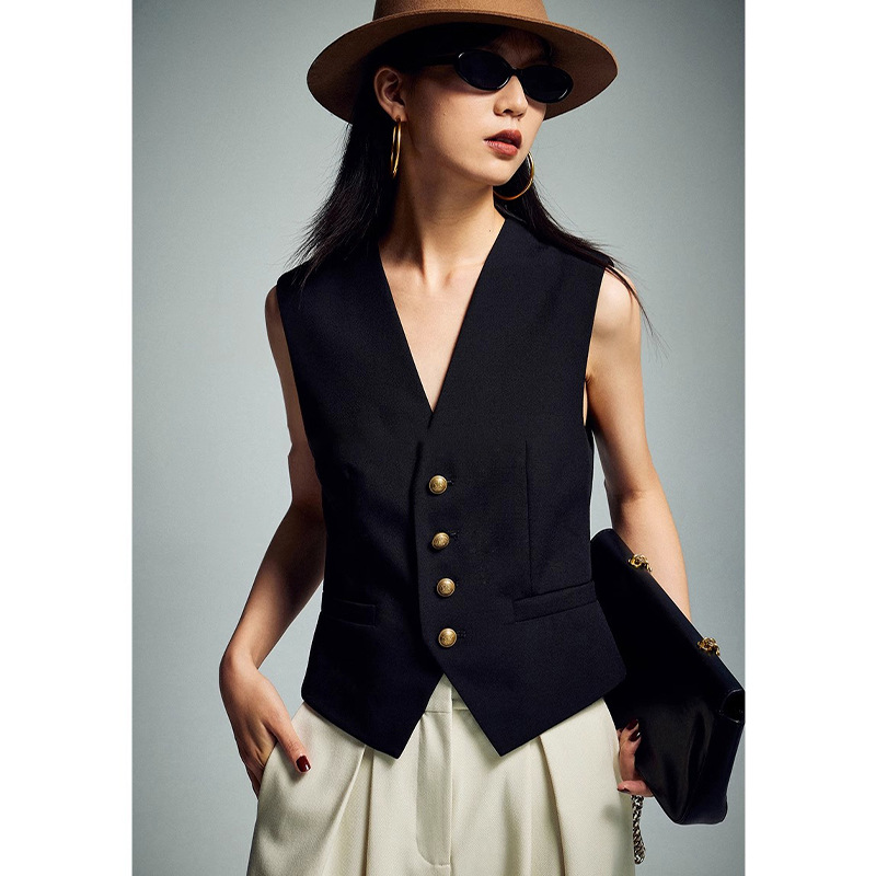 Spring New Classic Wool Blend Structured Waist-Slimming Women's Blazer Vest Versatile V-Neck Solid Color
