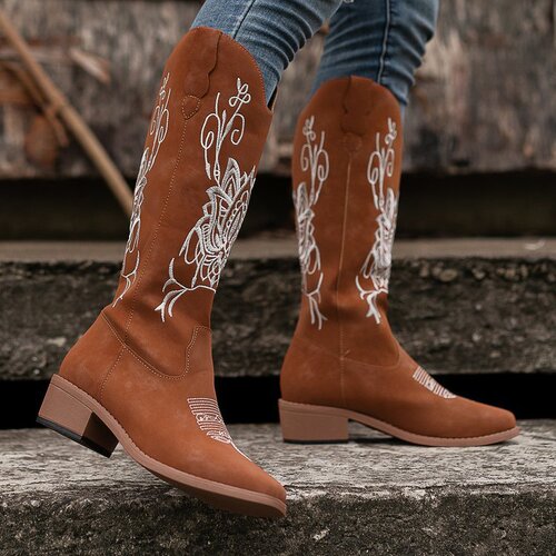 Fashionable over-the-knee boots with embroidery for women, suitable for autumn and winter, square heel, round toe