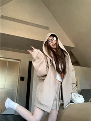 慵懒松驰感套装宽松咖色连帽卫衣外套女秋季高腰休闲短裤两件套潮