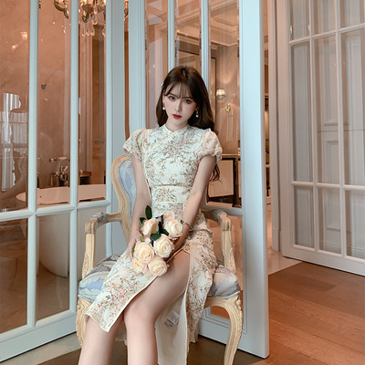 現貨刺繡立領旗袍連衣裙拼接包臀裙夏國風複古女裝開叉長旗袍裙