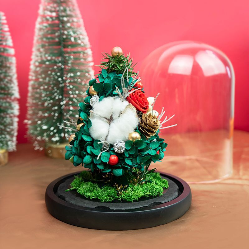 Árbol de Navidad con cubierta de cristal y rosa eterna, producto terminado, regalo de Navidad para novia con un toque de lujo, adorno de flor eterna.