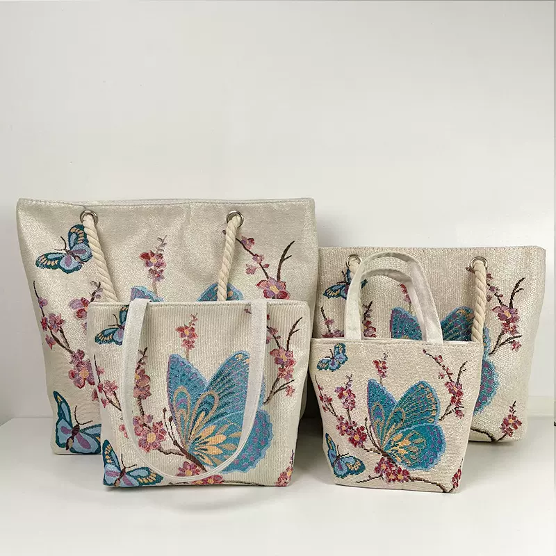 帆布梅花蝴蝶手拎包妈咪包上班外出带饭便当袋时尚手提袋子刺绣包
