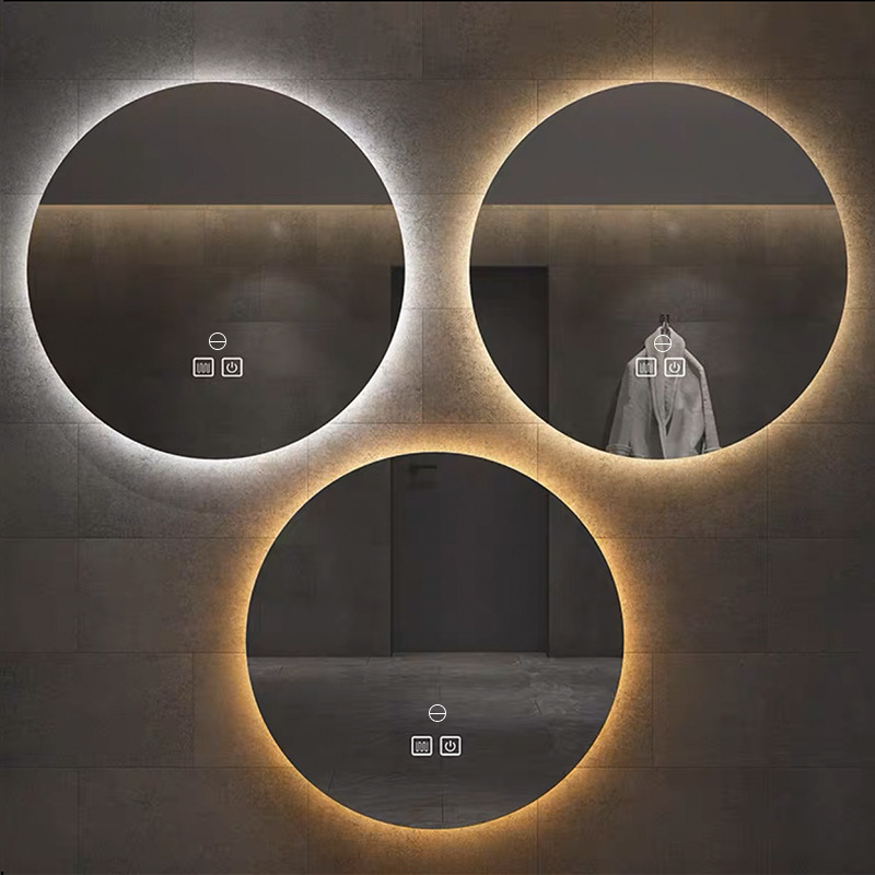 Espejo redondo colgado de pared espejo de baño inteligente con lámpara LED pantalla táctil inductiva anti-fog luminiscente espejo colgado de pared