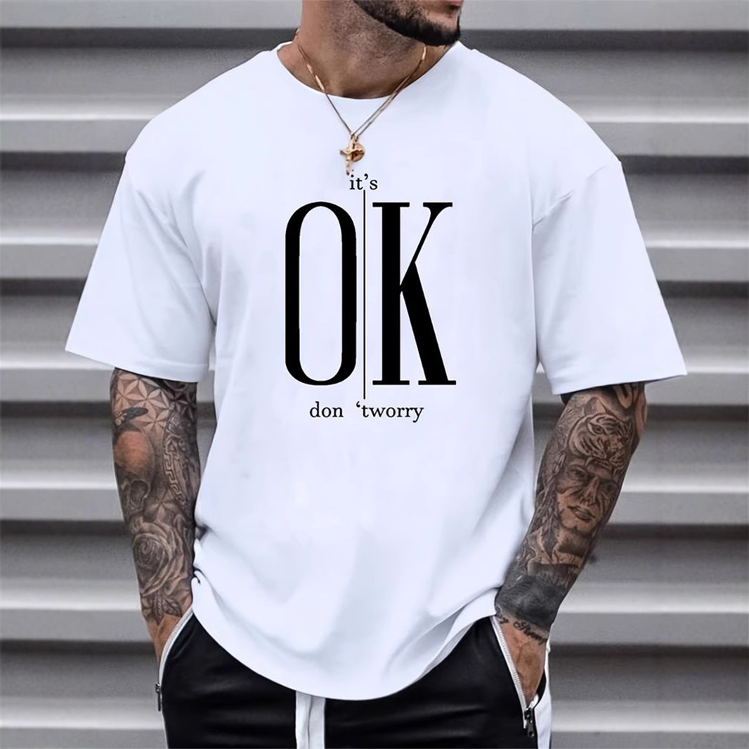 Men's 100 Cotton Summer Loose Fit OK Printed T-shirt Tops