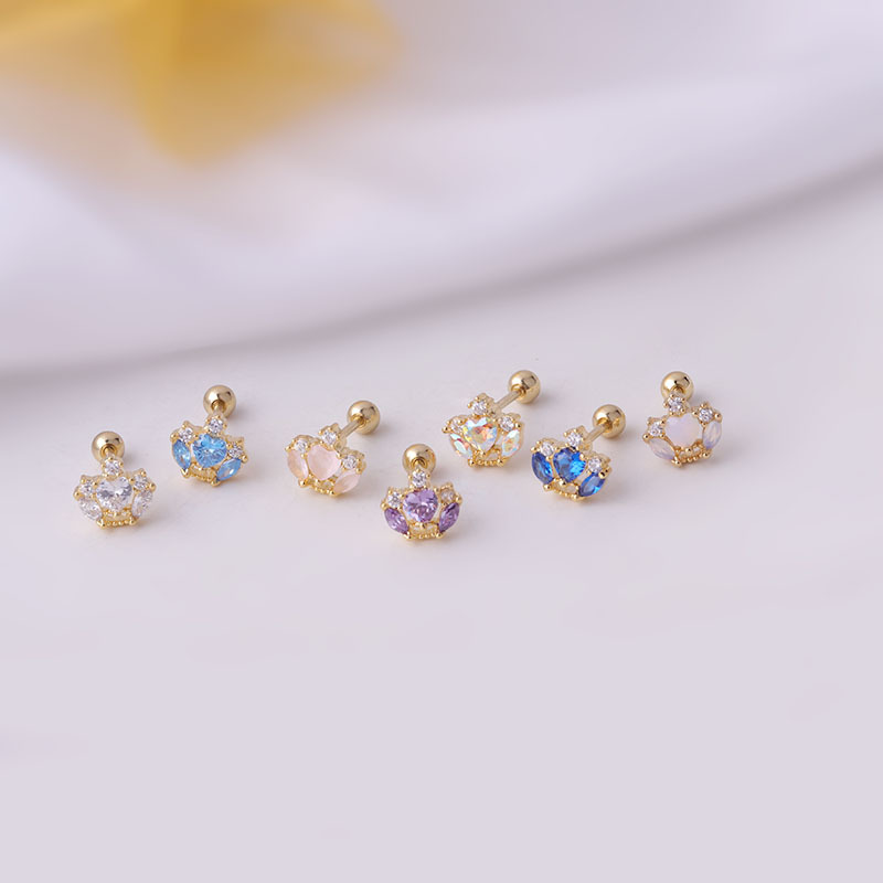 fashion 0.8MM titanium steel multi-color heart crown zircon single ear studs