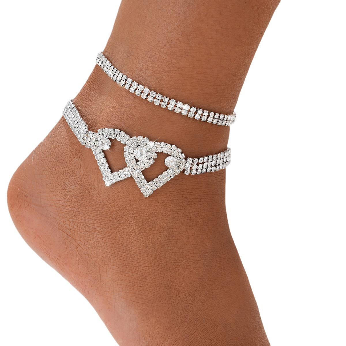 TEMU venta caliente de diamante hueco amor tobillar creativo transfronterizo doble tobillaría de doble corazón de melocotón tobillaría de playa de viento europeo y americano