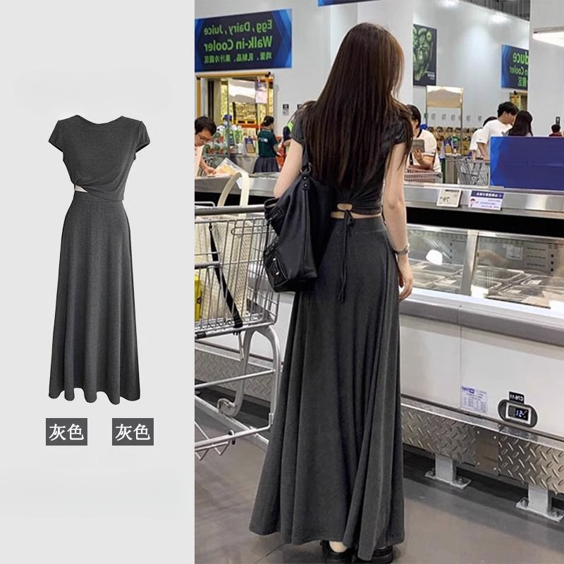 Đầm maxi nữ thắt eo phong cách Pháp mùa hè 2026, thiết kế ôm sát tôn dáng — đen/cổ điển gầy, B5-05=giá trị thông số Kd, (cài 2), Màu xám nhạt tươi chi tiết 1