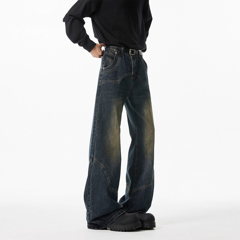 American Retro Washed Deconstructed Jeans for Men, Autumn and Winter Design, Loose Straight Pants, Scimitar Slightly Flared Casual Pants