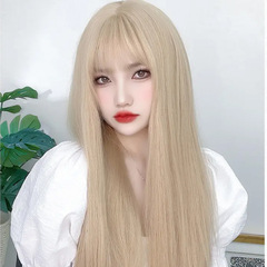 TikTok European and American-style new white-golden long hair, influencer-approved faux air bangs, long straight synthetic wig cap—wholesale