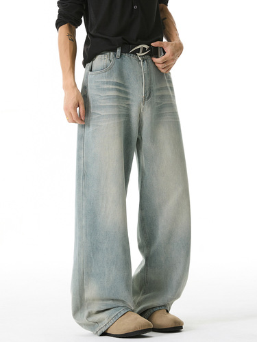 Three-dimensional cat-ear distressed washed denim jeans—autumn new arrival, American-style high-street trendy brand, loose-fit textured straight-leg long pants q