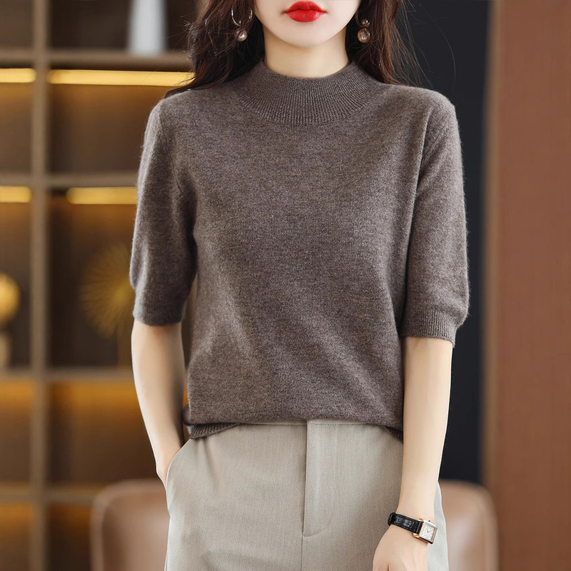 Elegant Half-high Neck Half-sleeve Knit Sweater Women's Loose Slimming Thin Short-sleeve Sweater with Middle Sleeve Base Elegant Half-high Neck Half-sleeve Knit Sweater Women's Loose Slimming Thin Short-sleeve Sweater with Middle Sleeve Base