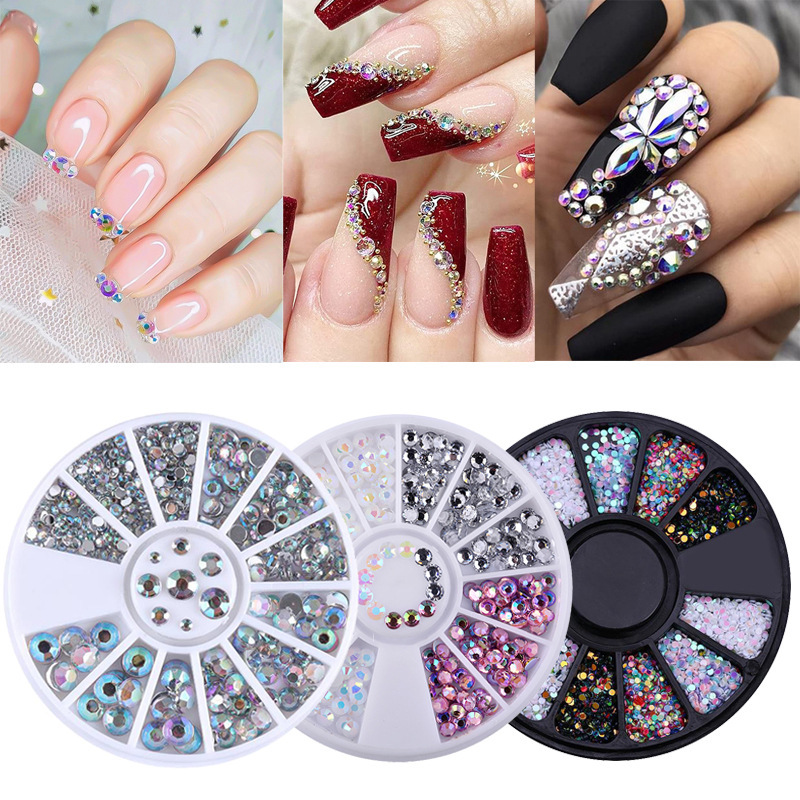 Cross-Border Nail Art Mixed Decorations 12-Compartment Round Plate Set Ab Diamond Round Plate Box Nail Decoration Diamond Accessories