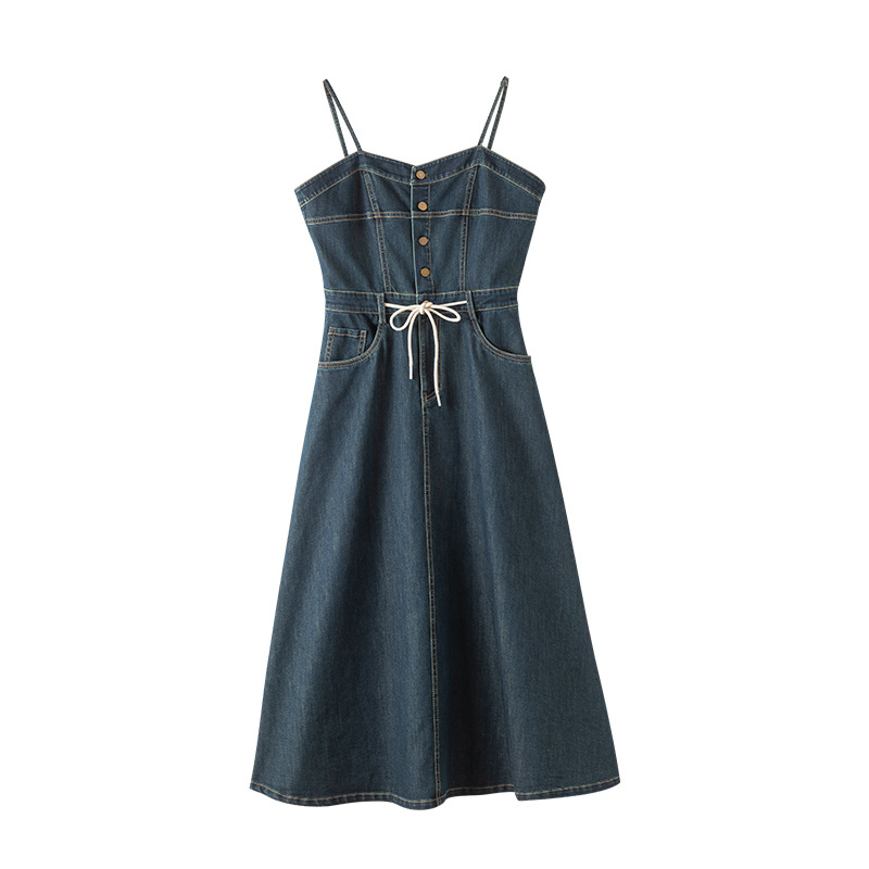 Đầm maxi nữ denim phong cách vintage thiết kế dây đeo thắt eo — xanh lam