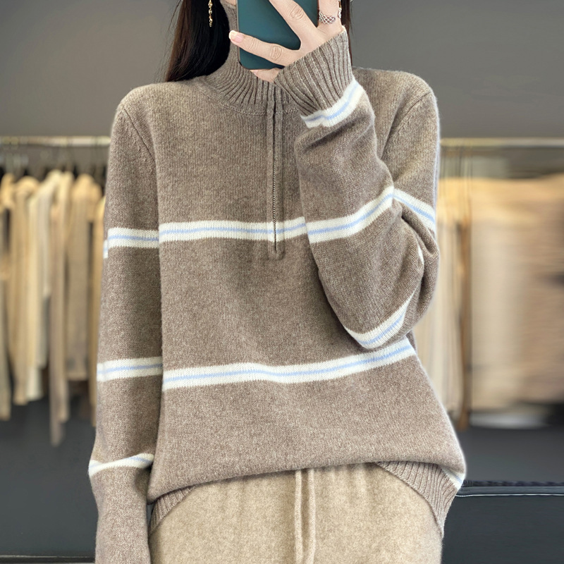 100% Pure Wool 2025 New Autumn and Winter Women's Loose Polo Collar Half-Zip Pullover Sweatshirt Knitwear