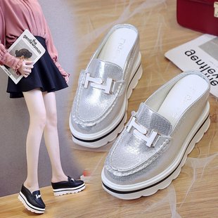 Spring and summer new inside height slippers women's outdoor wear Korean version of high-rise thick-soled high-heel white covered head half slippers 10CM