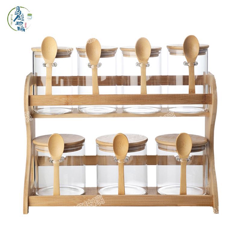 Latas de especias domésticas de cocina con cuchara con marco de madera Botella de condimentos de vidrio conjunto de combinación de latas de condimentos de té