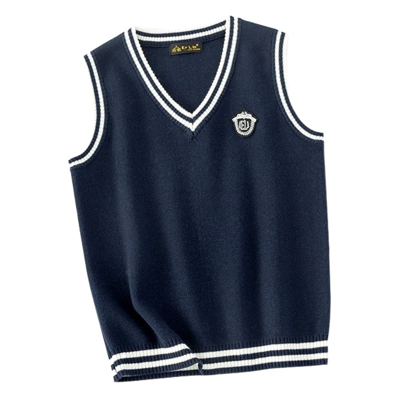 Chaleco de punto estilo universitario coreano para niños, primavera y otoño 2025, chaleco de algodón con cuello en V para niños, suéter para estudiantes de primaria, venta al por mayor.