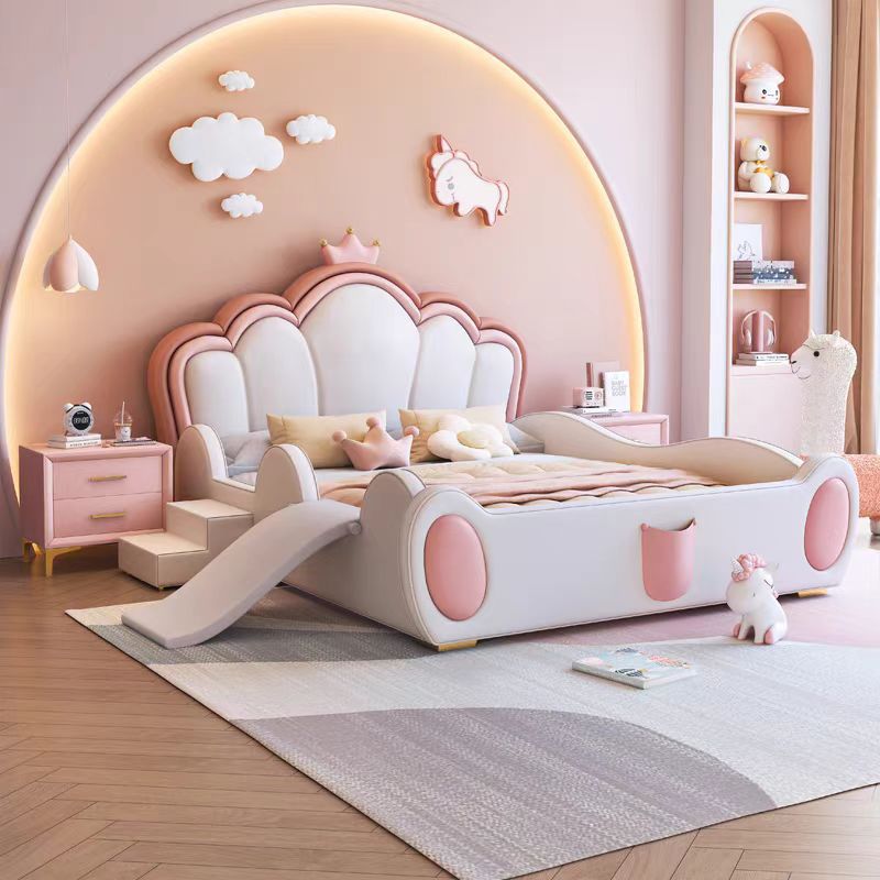 Children's Bed Girls' Princess Bed Simple Girls' Slide Bed with Fence Crown Pink Eco-friendly Leather Bed with Guardrail