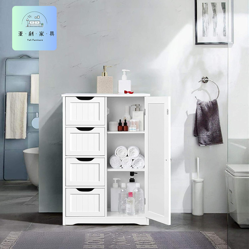 Manufacturer Wholesale Panel Drawer Cabinet with 4 Drawers, Freestanding Storage White Organizer Cabinet Bathroom Cabinet
