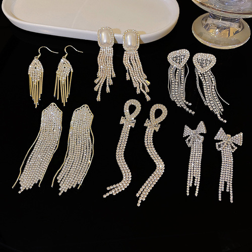 925 silver needle exquisite full diamond long tassel earrings for women ins fashion light luxury niche internet celebrity same style bow earrings