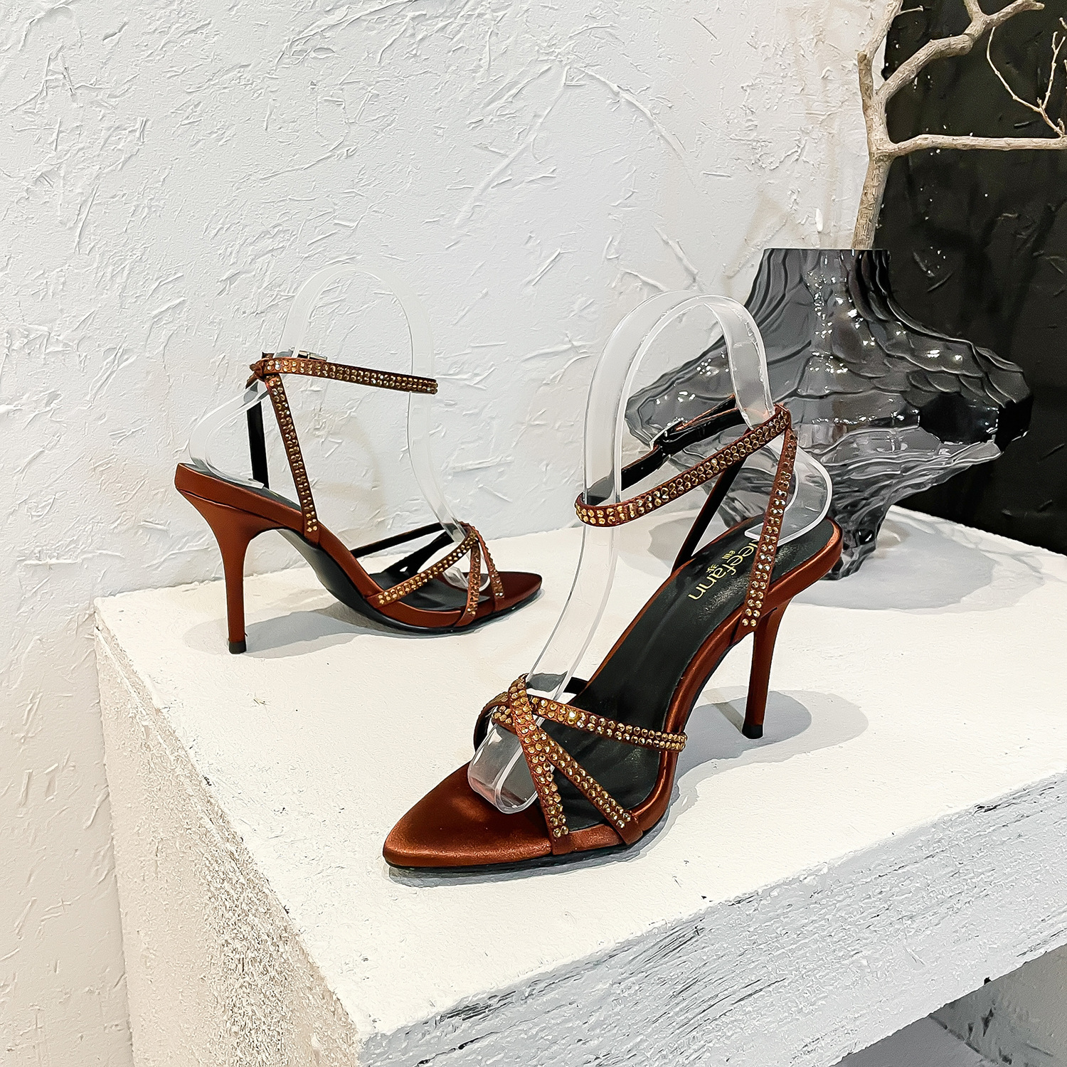 Women's Satin Stiletto Sandals With Rhinestone Brown Straps_voghion.com