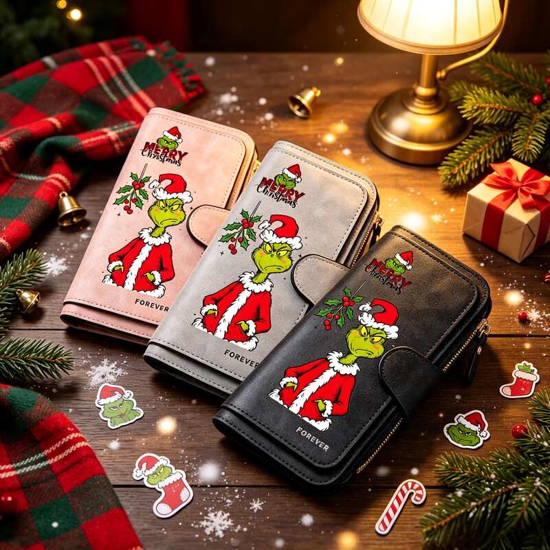 Christmas Grinch Holly Print Long Wallet 70% off Frosted PU Multi-Card Slot Zipper Clutch Bag