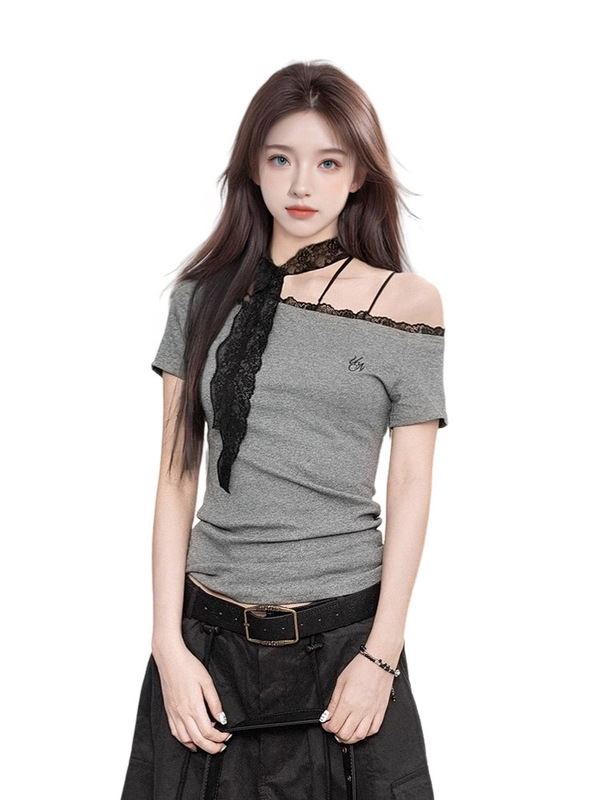 グレーのオフショルダー半袖Tシャツ女性用2025年夏ハイエンドホットガールスリムウエストワンショルダーレーストップ|undefined