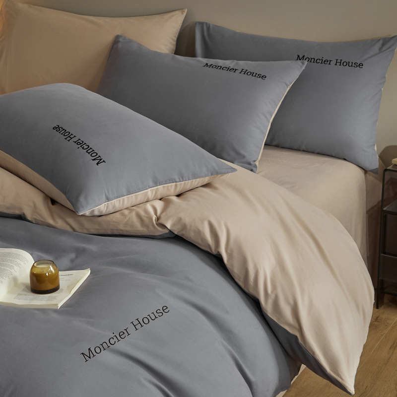 Una clase de otoño y invierno algodón abrasión cuatro piezas cubierta bordada sábanas de color sólido cama cama de algodón grueso dormitorio tres piezas