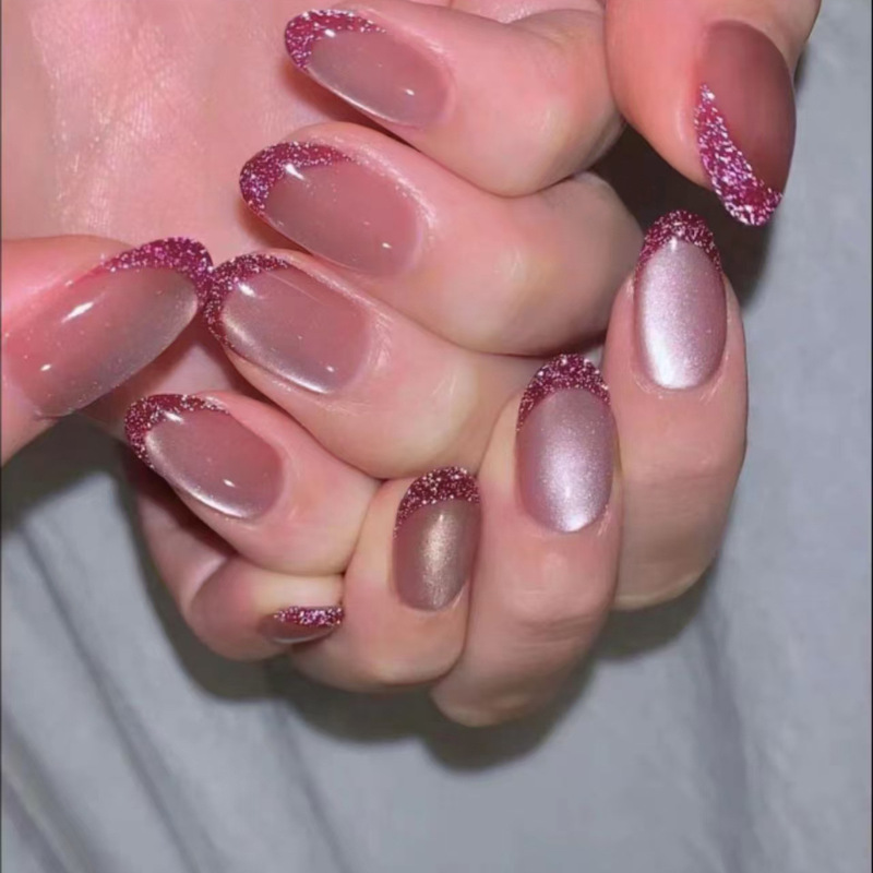 Wearable Oval Glitter French Edge Sparkling Cat Eye Fake Removable Fake Nails Manicure Nails Wholesale