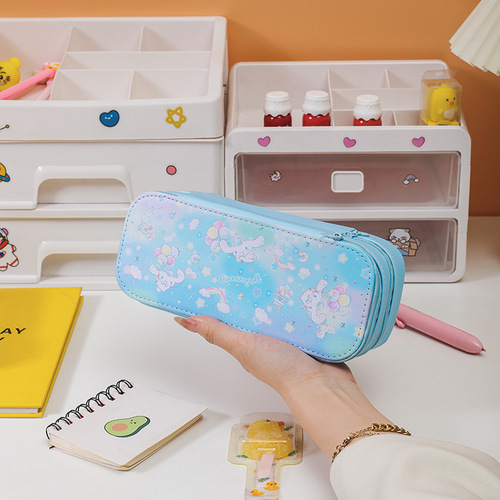 Triple A cartoon double-layer large capacity simple PU leather stationery bag, cute cartoon Korome pencil case