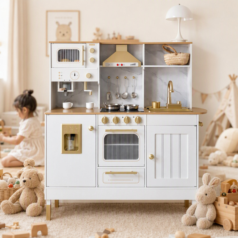 Wooden children's play kitchen toy set, ages 3-6, featuring a realistic gold coffee machine and a cooking set for girls