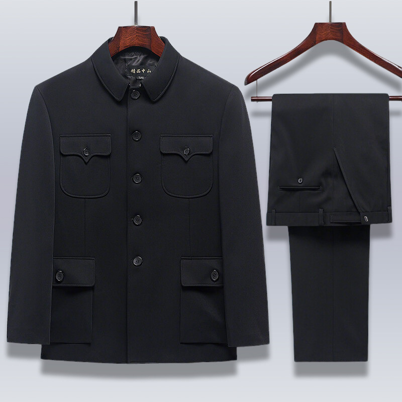 中老年中山装套装春秋军便装两件套爷爷中山服翻领老人男士外套