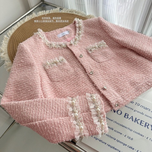 Ms. Weiss's lotus delicate girly pink suit pink heavy beading lace small fragrant jacket for women autumn