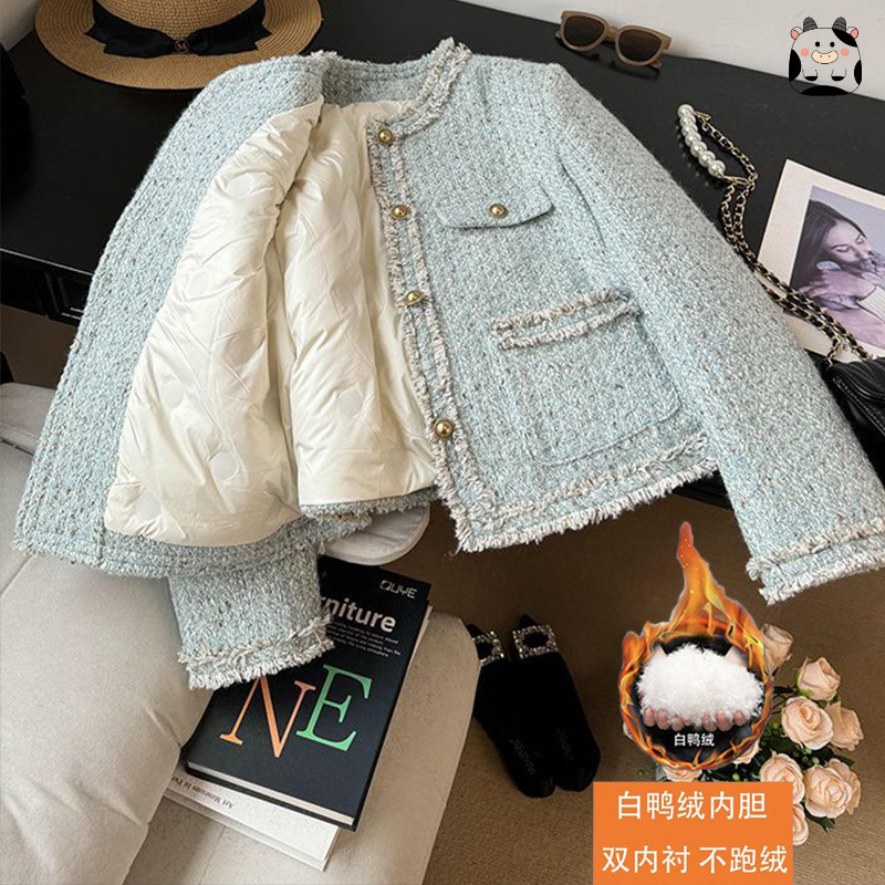 High-End Aqua Blue Small Fragrance down Jacket for Women Winter 2025 New Thickeneded Warm Wool Tweed Short Jacket