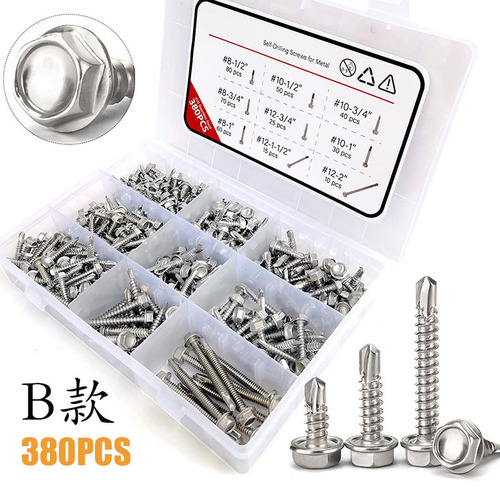 Cross-border box-packed screws 400pcs/380pcs 410 stainless steel hexagonal countersink self-tapping screws set with multiple styles