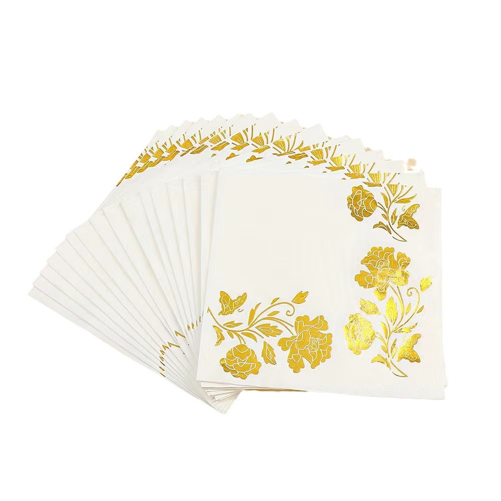 Servilletas Desechables Estampadas de Peonía de Pulpa de Madera Natural con Detalles Dorados para Fiestas y Eventos